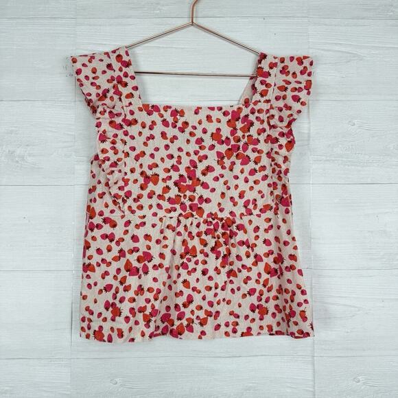 Ann Taylor Top M Berry Bunches Linen Blend Square Neck Smocked Flutter Sleeves - Picture 11 of 11